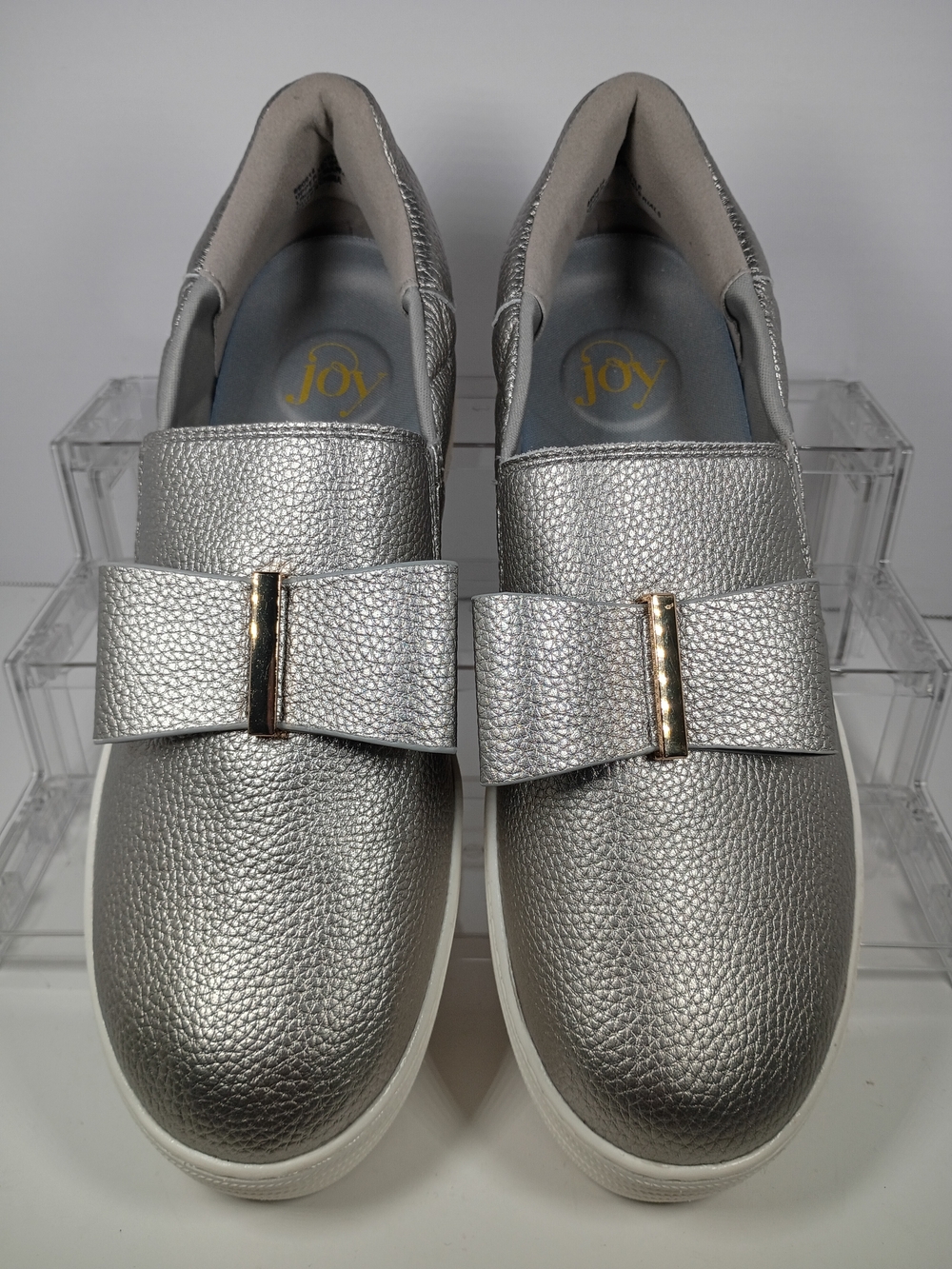 Joy Luxe Mangano Silver Metallic Bow Slip-On Sneakers 9w